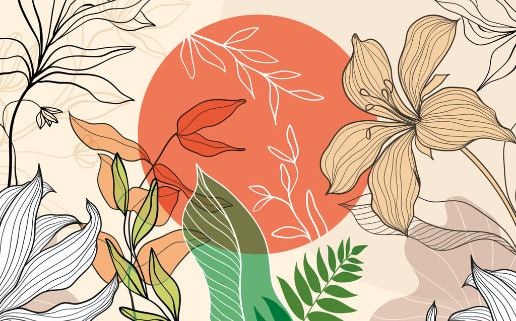 Coral Sun Line Floral Wallpaper : Boho Leaves Mural - View 2