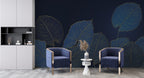Navy Gold Leaf Wallpaper : Blue Line Art Foliage Mural - View 4
