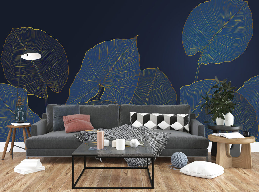Navy Gold Leaf Wallpaper : Blue Line Art Foliage Mural - View 5