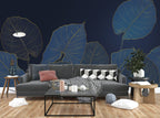 Navy Gold Leaf Wallpaper : Blue Line Art Foliage Mural - View 5