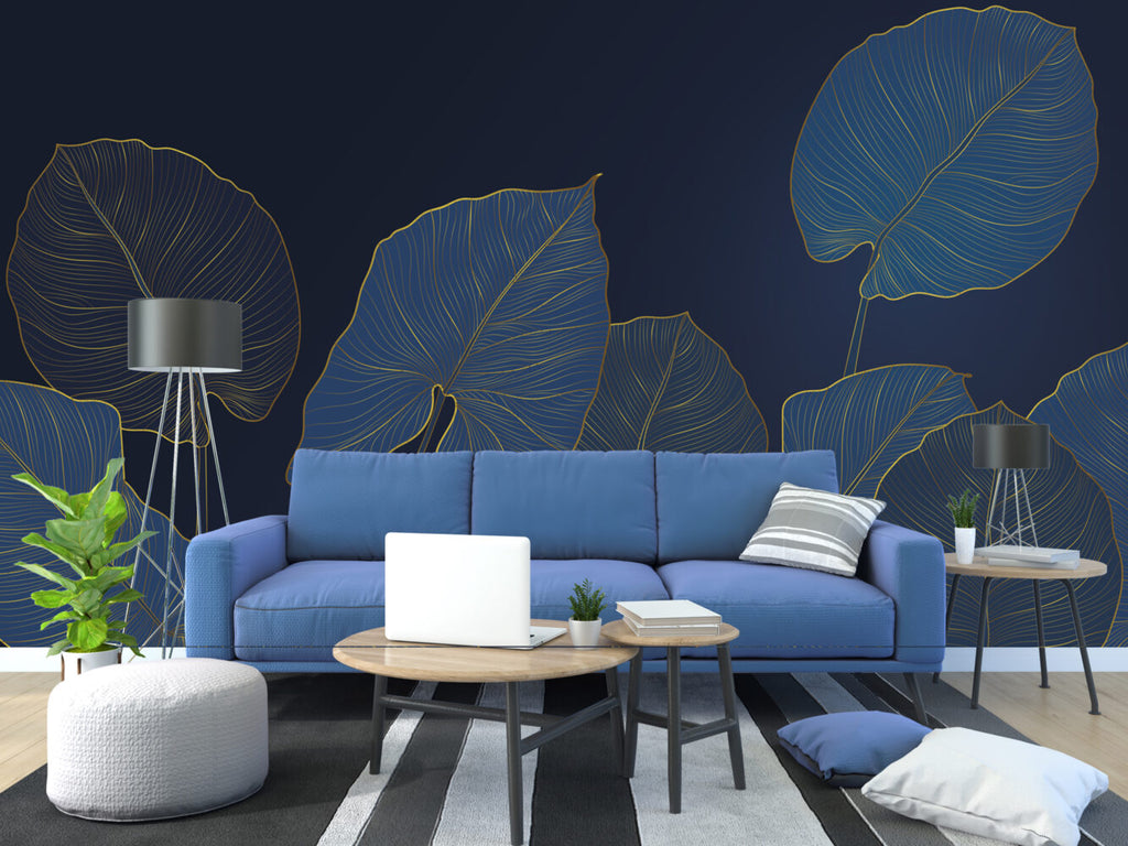 Navy Gold Leaf Wallpaper : Blue Line Art Foliage Mural