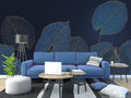 Navy Gold Leaf Wallpaper : Blue Line Art Foliage Mural