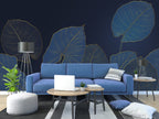 Navy Gold Leaf Wallpaper : Blue Line Art Foliage Mural