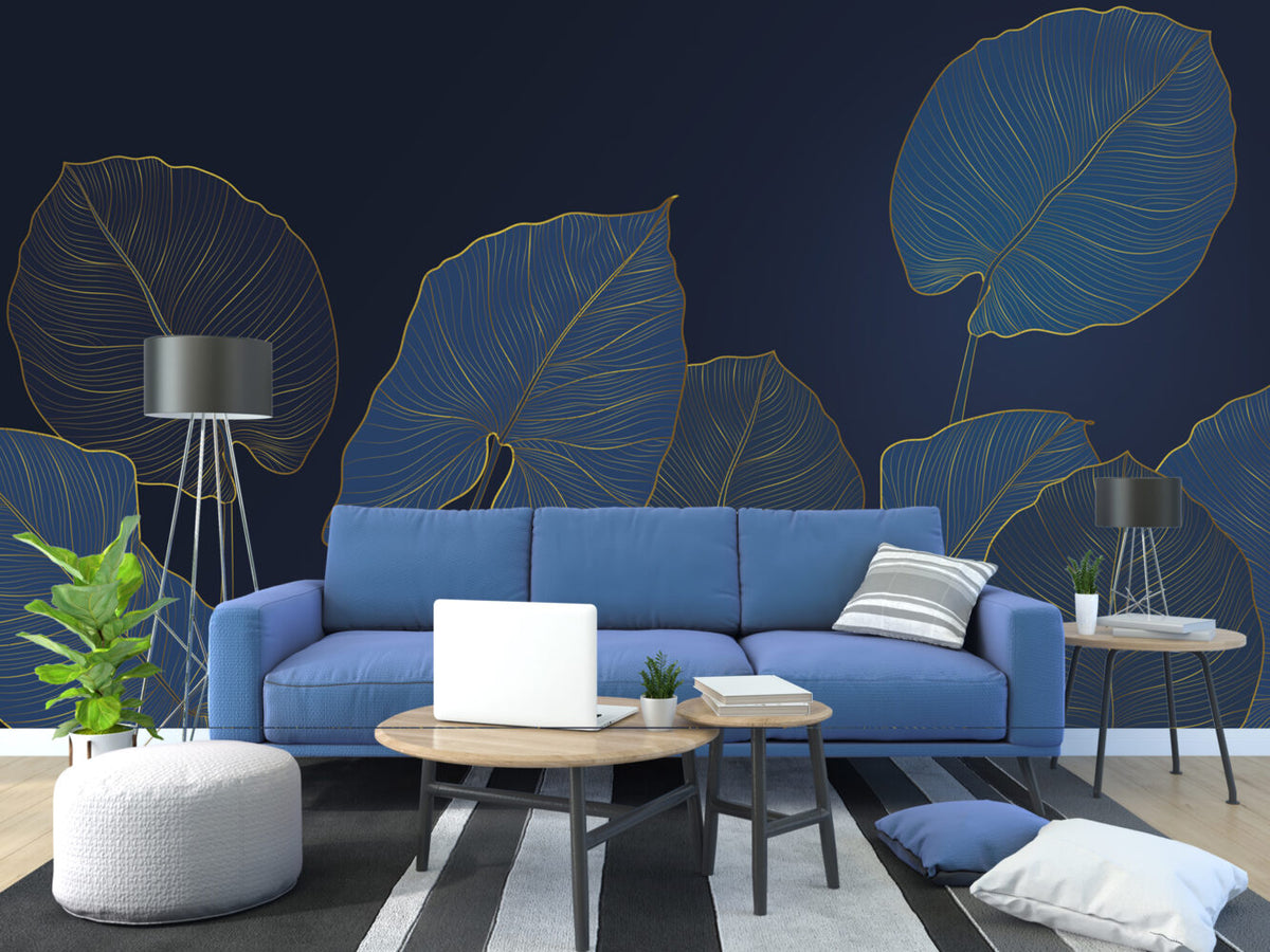 Navy Gold Leaf Wallpaper : Blue Line Art Foliage Mural