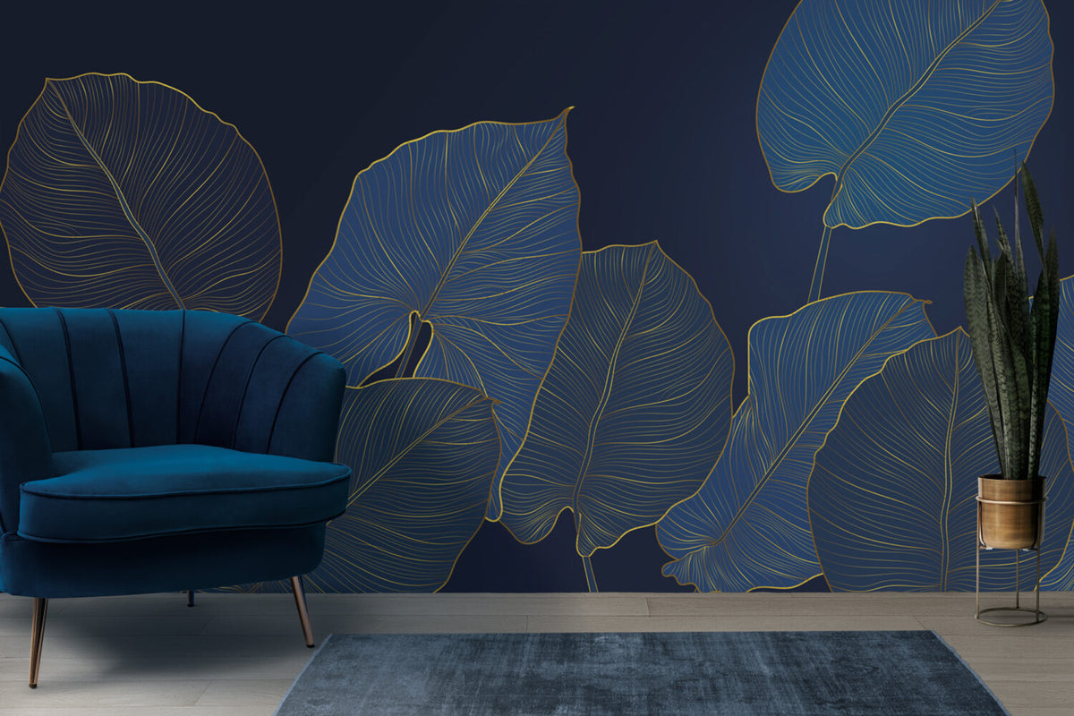 Navy Gold Leaf Wallpaper : Blue Line Art Foliage Mural - View 3