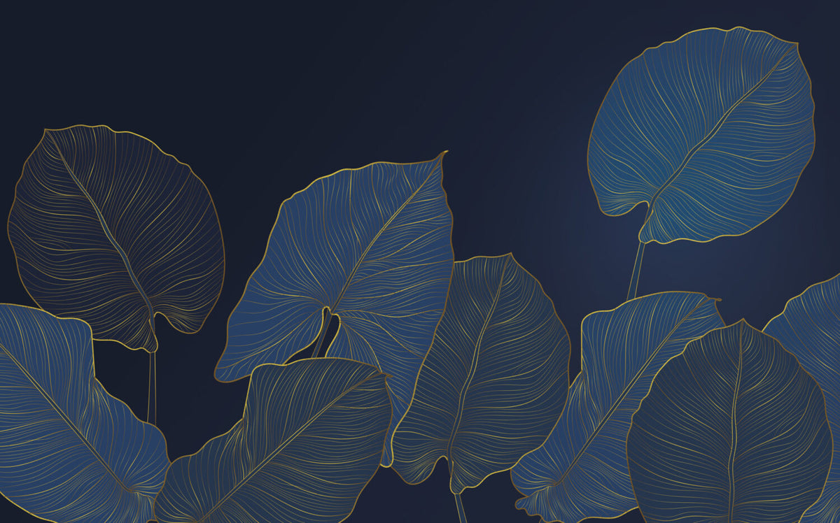 Navy Gold Leaf Wallpaper : Blue Line Art Foliage Mural - View 2