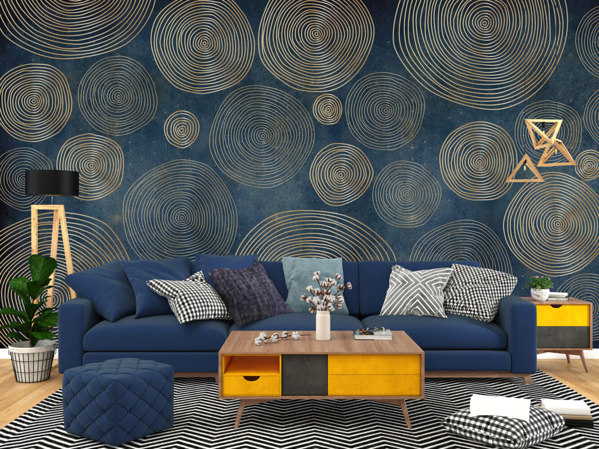 Navy Gold Circles Wallpaper : Concentric Ring Geometric Mural - View 3