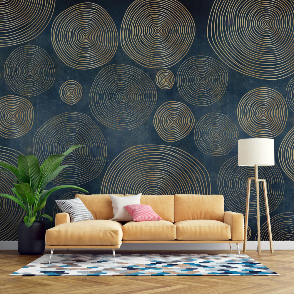 Navy Gold Circles Wallpaper : Concentric Ring Geometric Mural - View 5