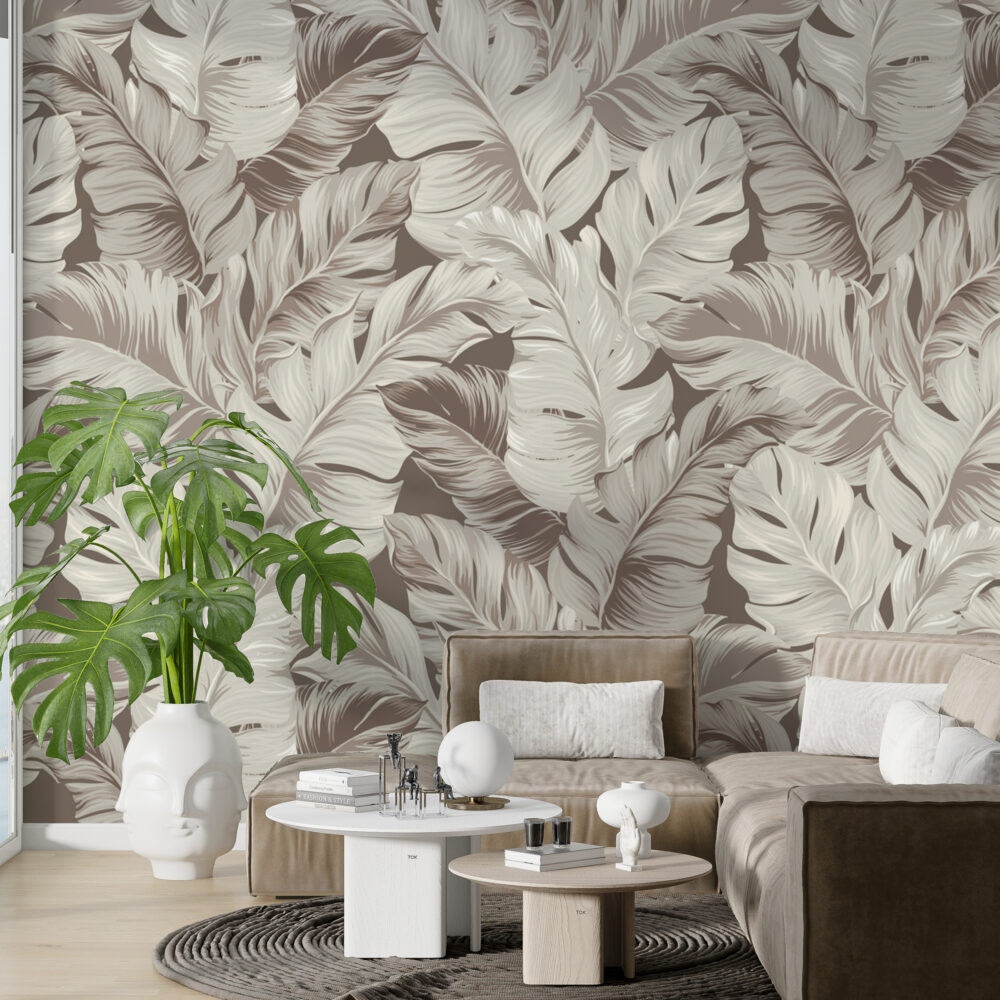 Beige Banana Leaf Wallpaper : Neutral Tropical Foliage Mural - View 3