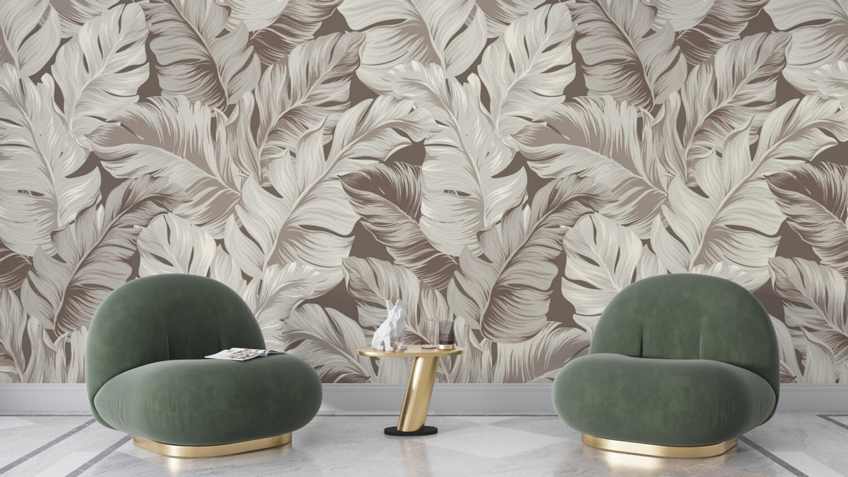 Beige Banana Leaf Wallpaper : Neutral Tropical Foliage Mural - View 4