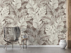 Beige Banana Leaf Wallpaper : Neutral Tropical Foliage Mural