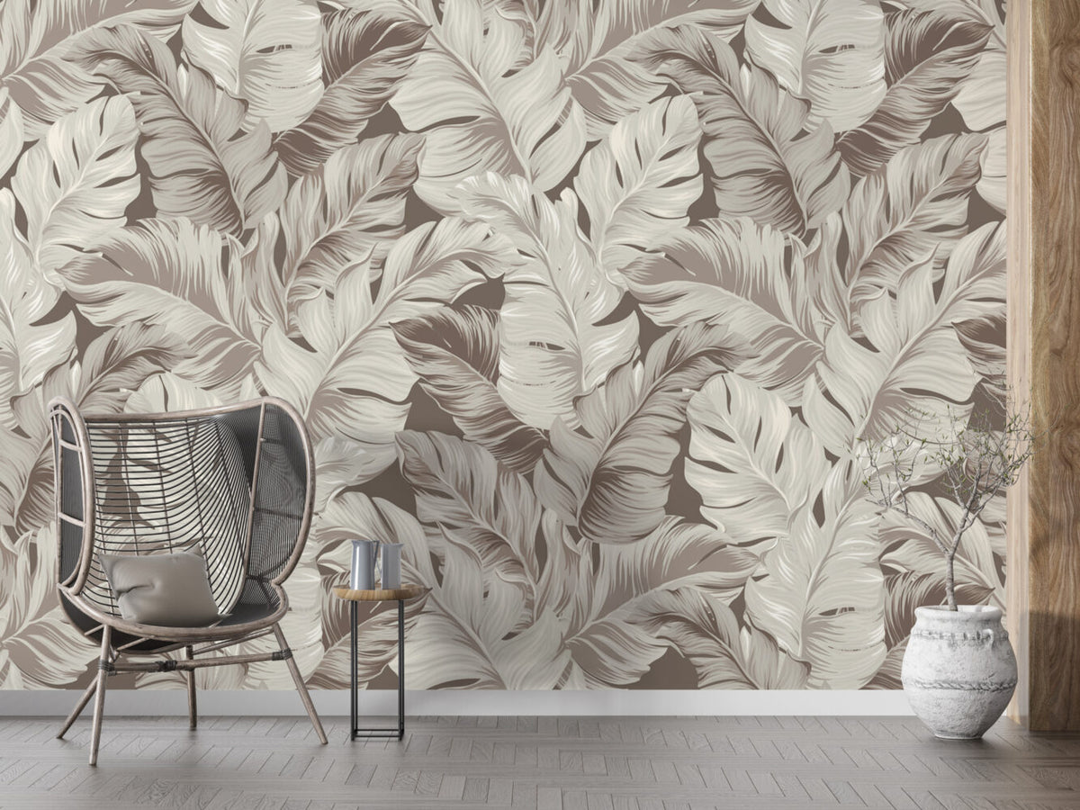 Beige Banana Leaf Wallpaper : Neutral Tropical Foliage Mural
