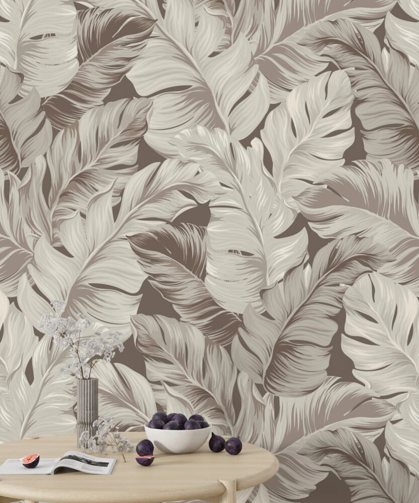 Beige Banana Leaf Wallpaper : Neutral Tropical Foliage Mural - View 5