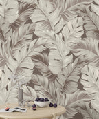 Beige Banana Leaf Wallpaper : Neutral Tropical Foliage Mural - View 5
