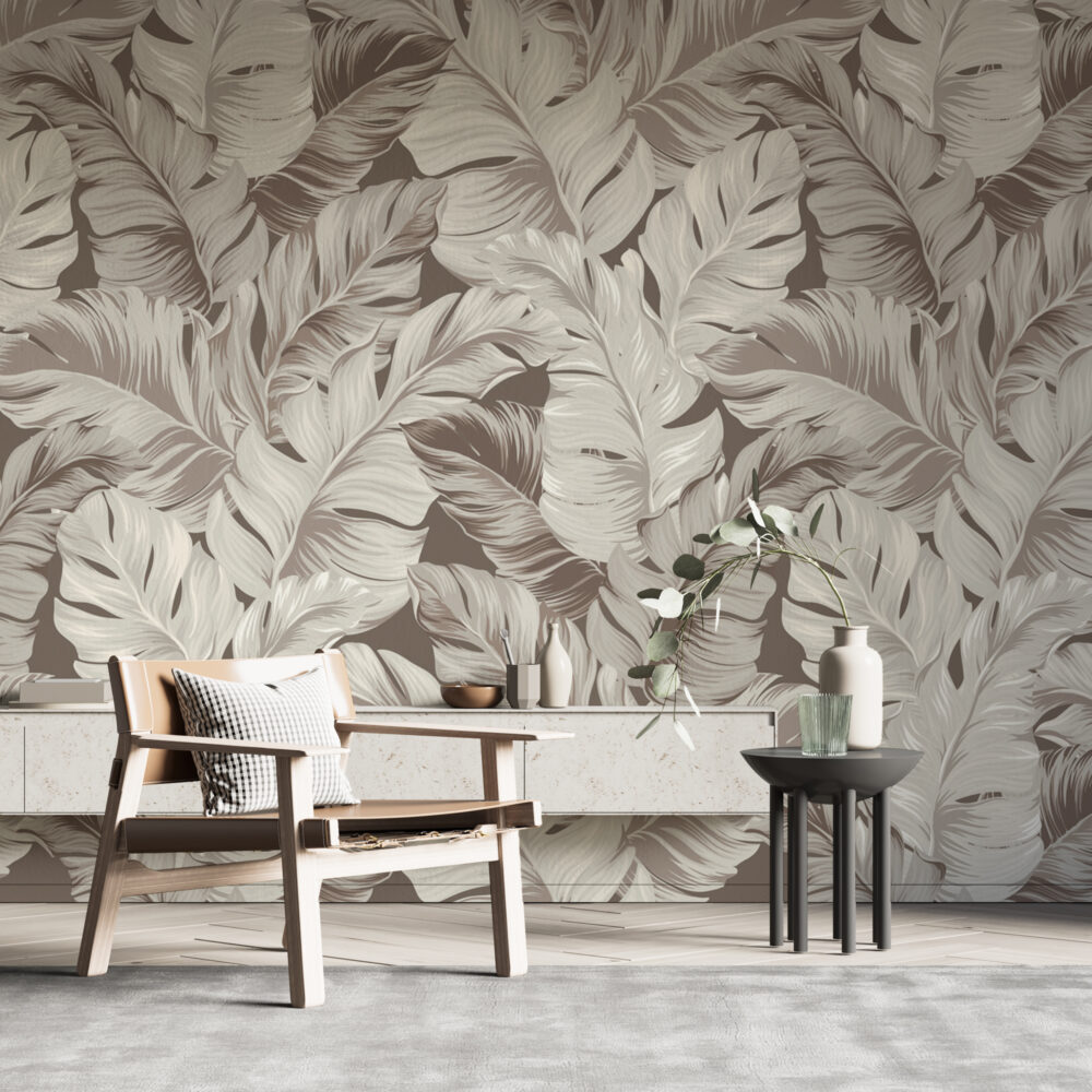 Beige Banana Leaf Wallpaper : Neutral Tropical Foliage Mural - View 6