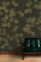 Dark Gold Palm Wallpaper : Olive Fronds On Charcoal Mural - View 4