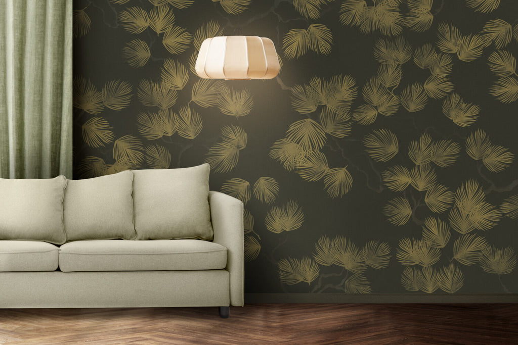 Dark Gold Palm Wallpaper : Olive Fronds On Charcoal Mural - View 5