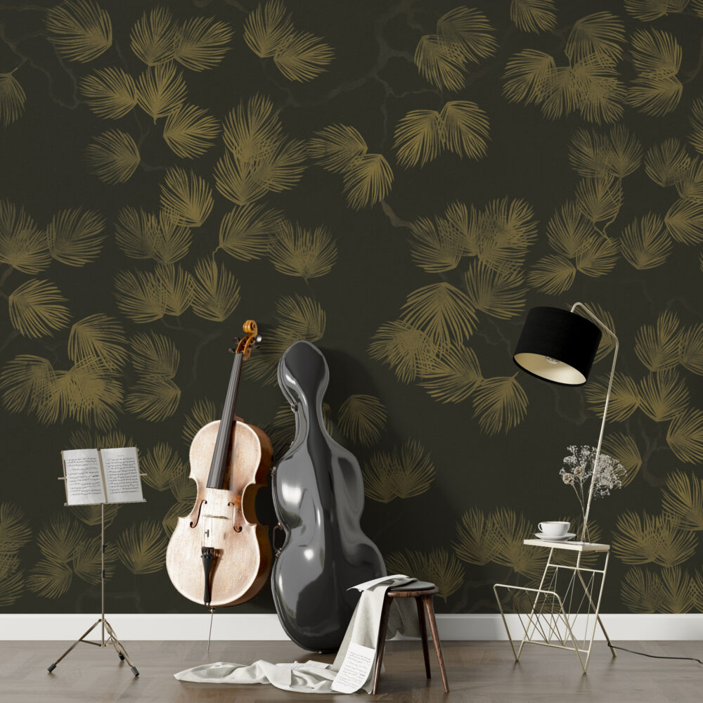 Dark Gold Palm Wallpaper : Olive Fronds On Charcoal Mural