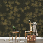 Dark Gold Palm Wallpaper : Olive Fronds On Charcoal Mural - View 3
