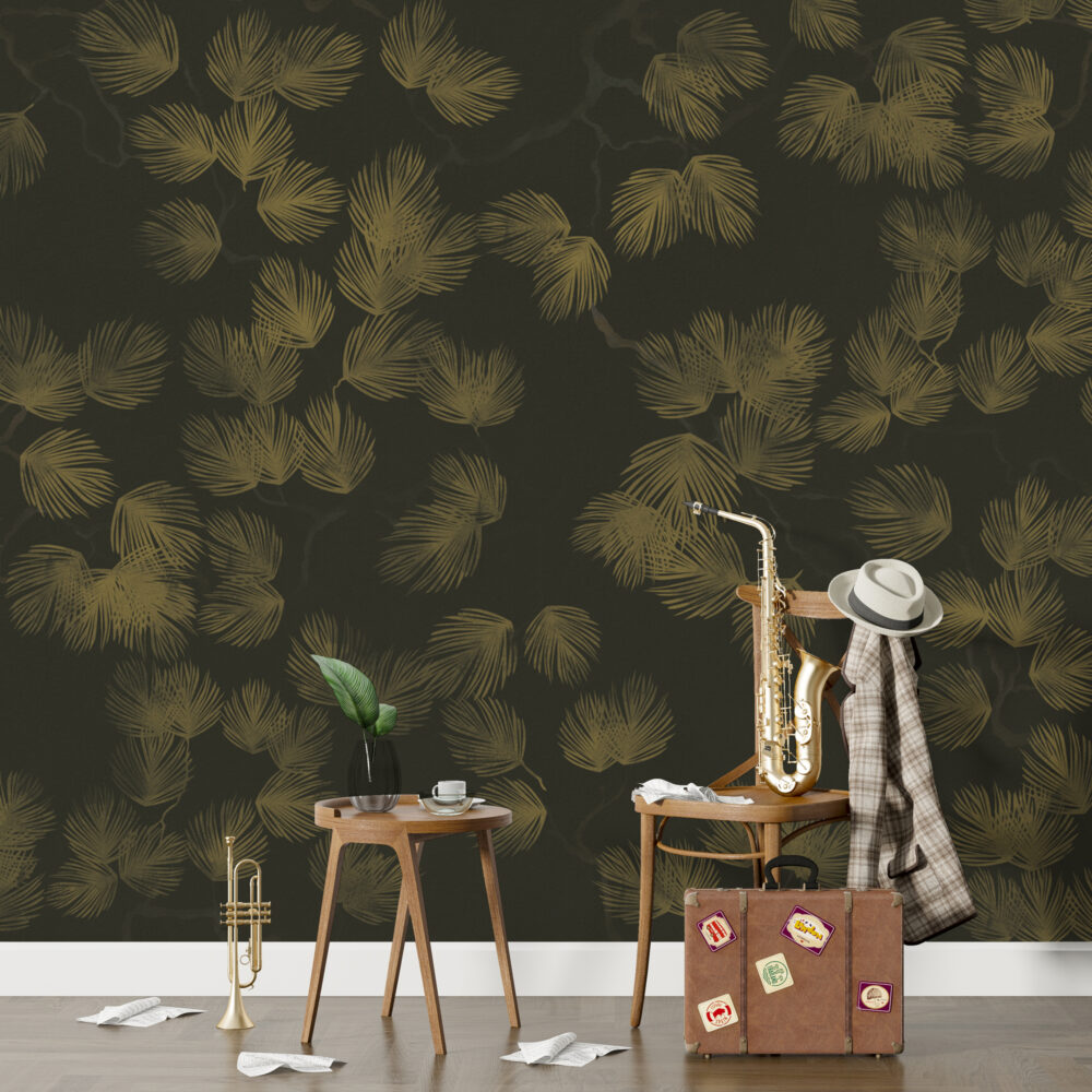 Dark Gold Palm Wallpaper : Olive Fronds On Charcoal Mural - View 3