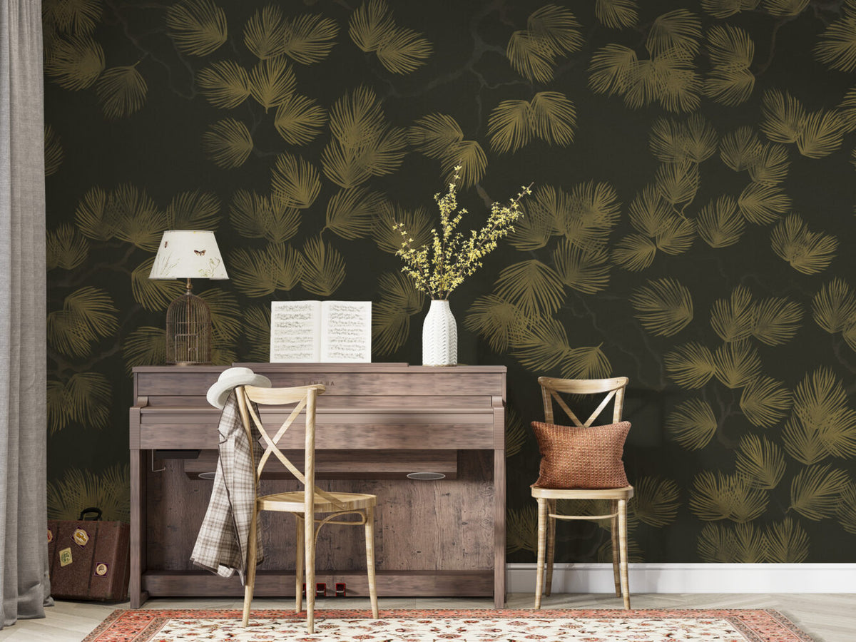 Dark Gold Palm Wallpaper : Olive Fronds On Charcoal Mural - View 6