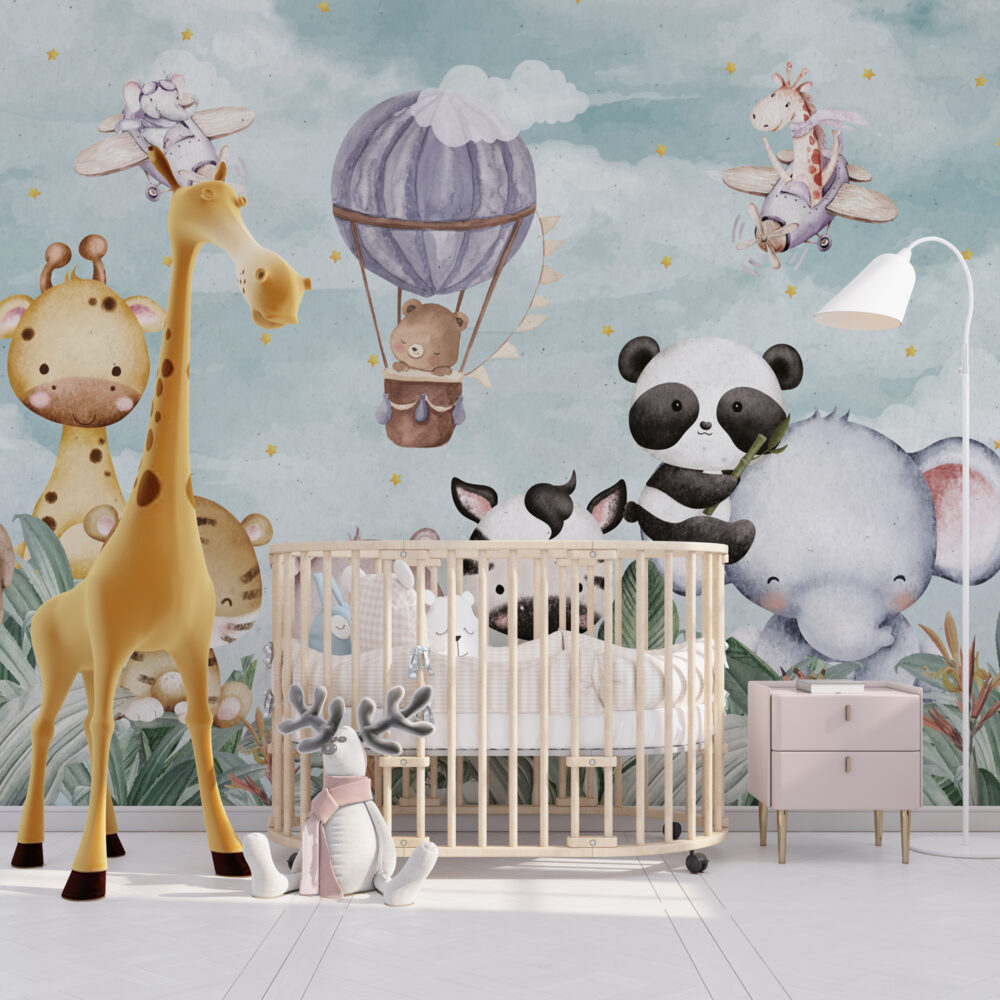 Balloon Safari Animals Wallpaper : Cute Garden Kids Mural - View 3