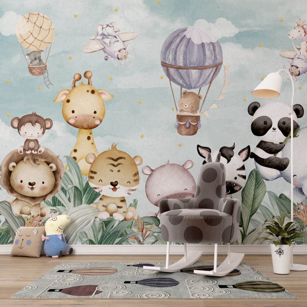 Balloon Safari Animals Wallpaper : Cute Garden Kids Mural - View 4