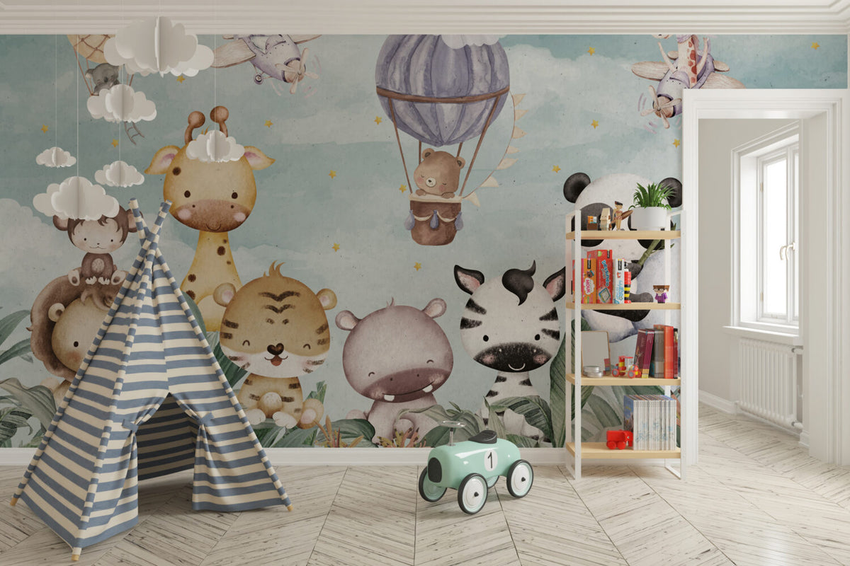 Balloon Safari Animals Wallpaper : Cute Garden Kids Mural