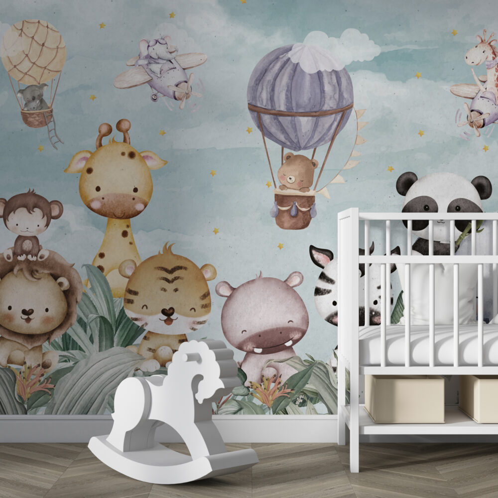 Balloon Safari Animals Wallpaper : Cute Garden Kids Mural - View 5