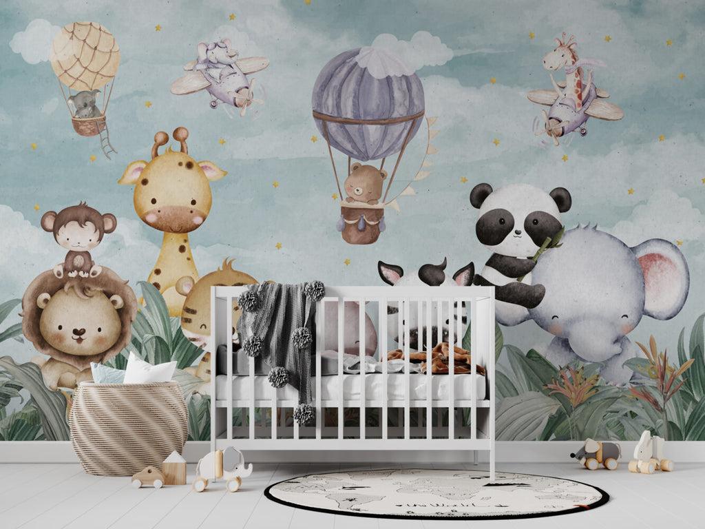 Balloon Safari Animals Wallpaper : Cute Garden Kids Mural - View 6