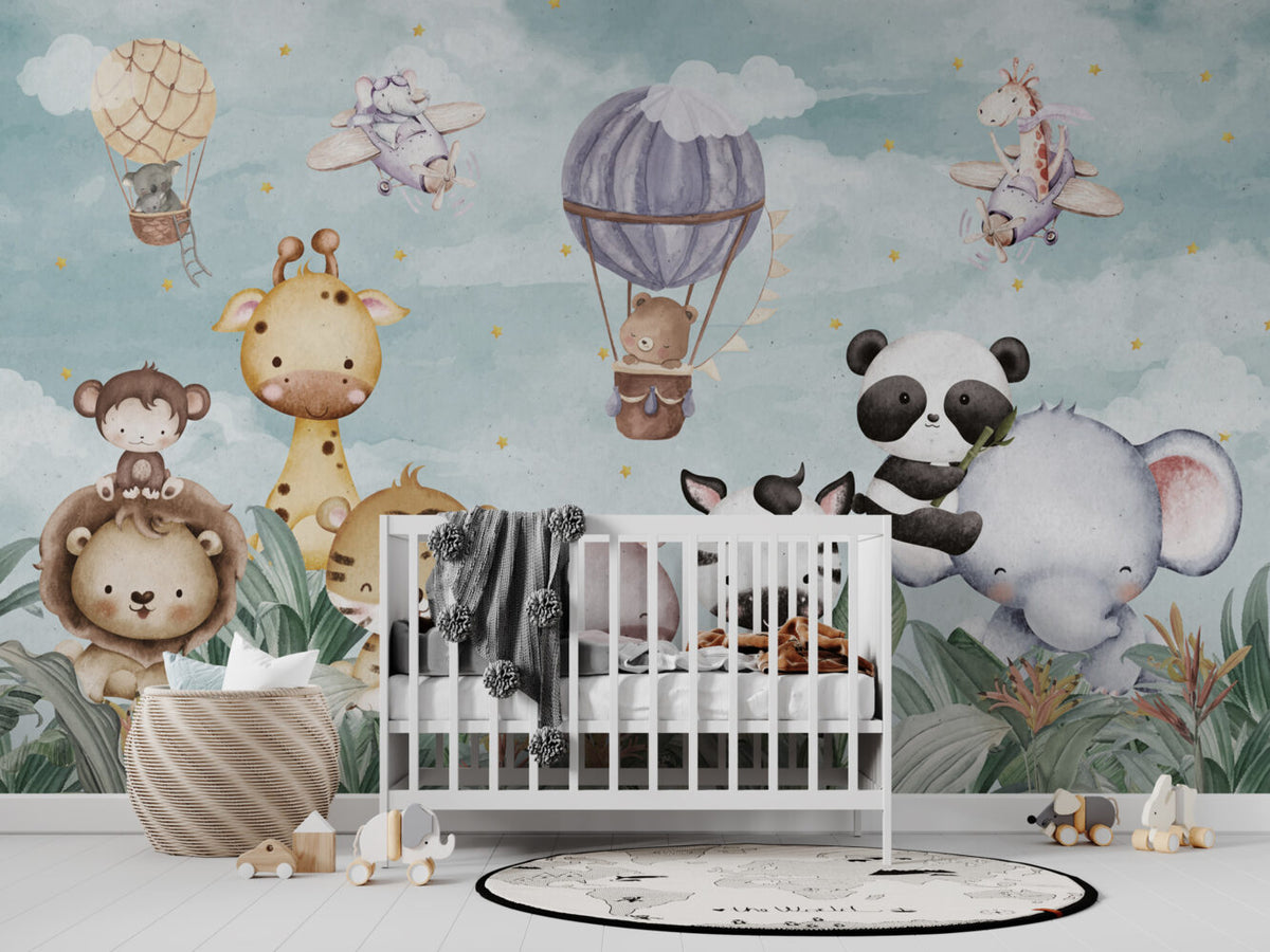 Balloon Safari Animals Wallpaper : Cute Garden Kids Mural - View 6