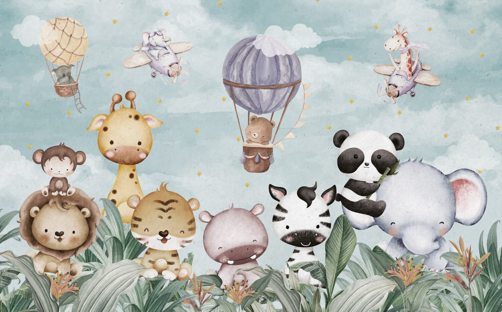 Balloon Safari Animals Wallpaper : Cute Garden Kids Mural - View 2
