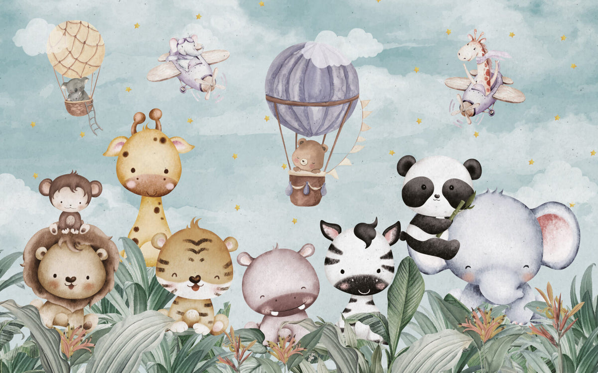 Balloon Safari Animals Wallpaper : Cute Garden Kids Mural - View 2