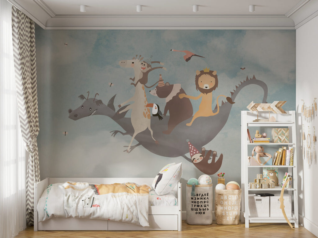 Dragon Ride Animals Wallpaper : Storybook Kids Mural