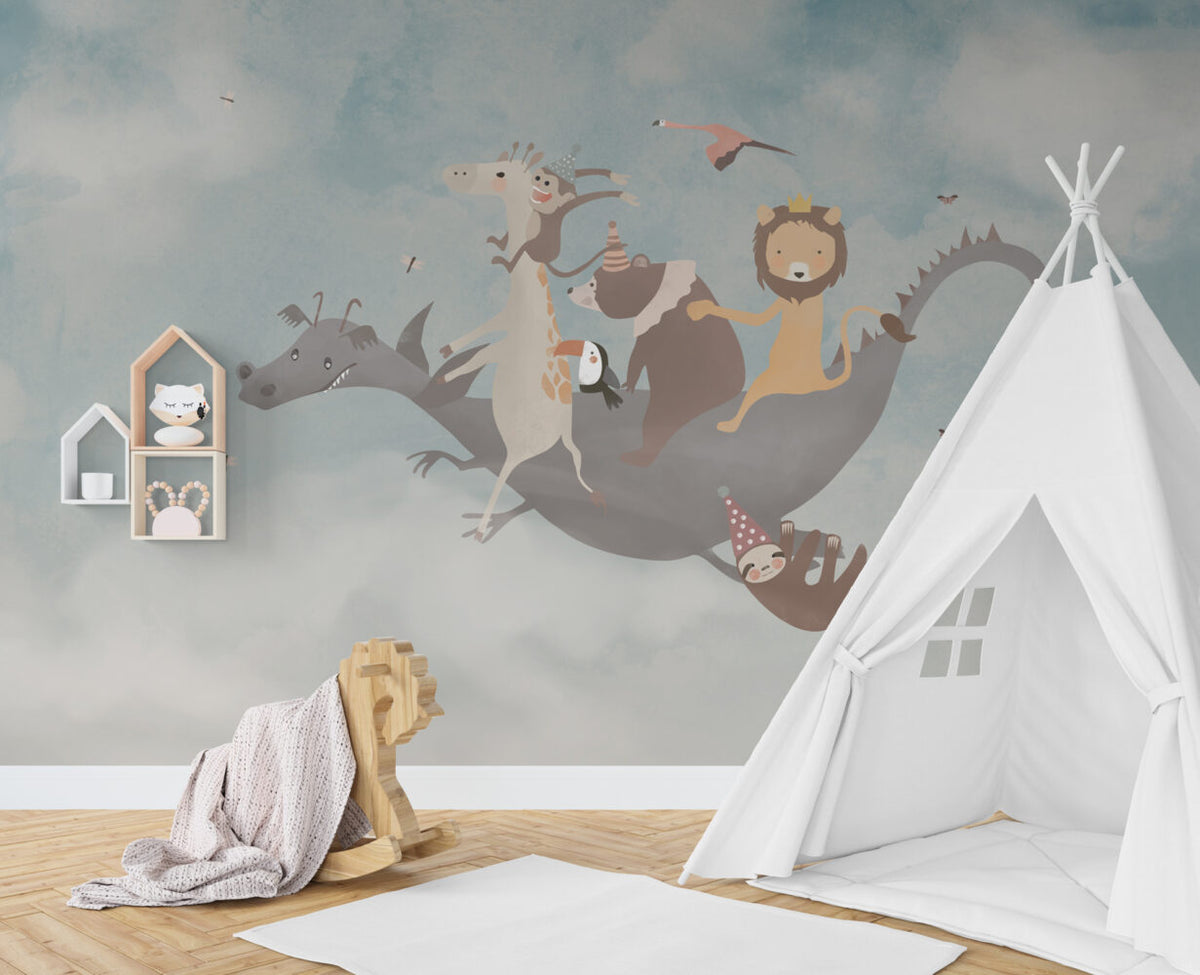 Dragon Ride Animals Wallpaper : Storybook Kids Mural - View 5