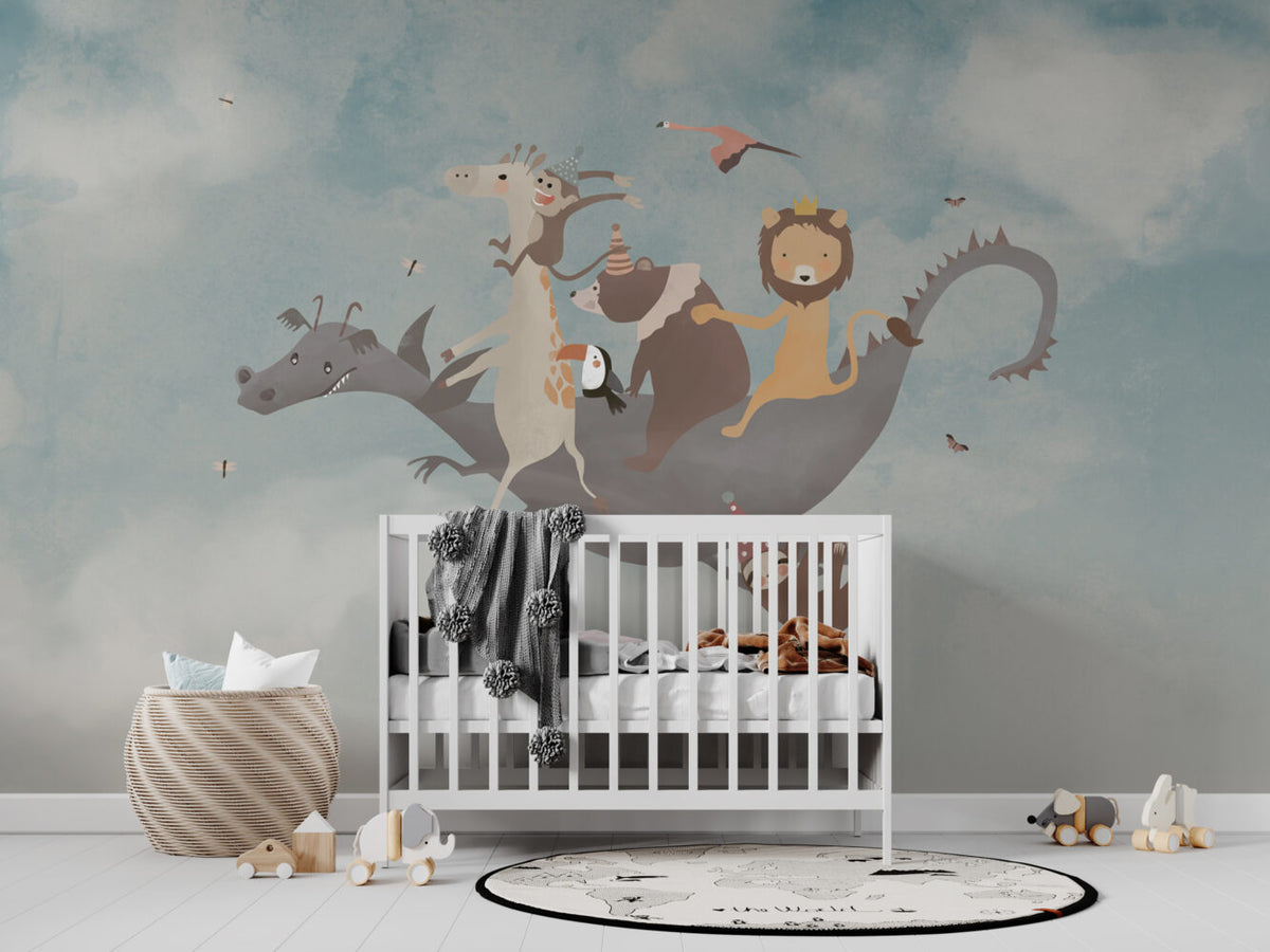 Dragon Ride Animals Wallpaper : Storybook Kids Mural - View 3