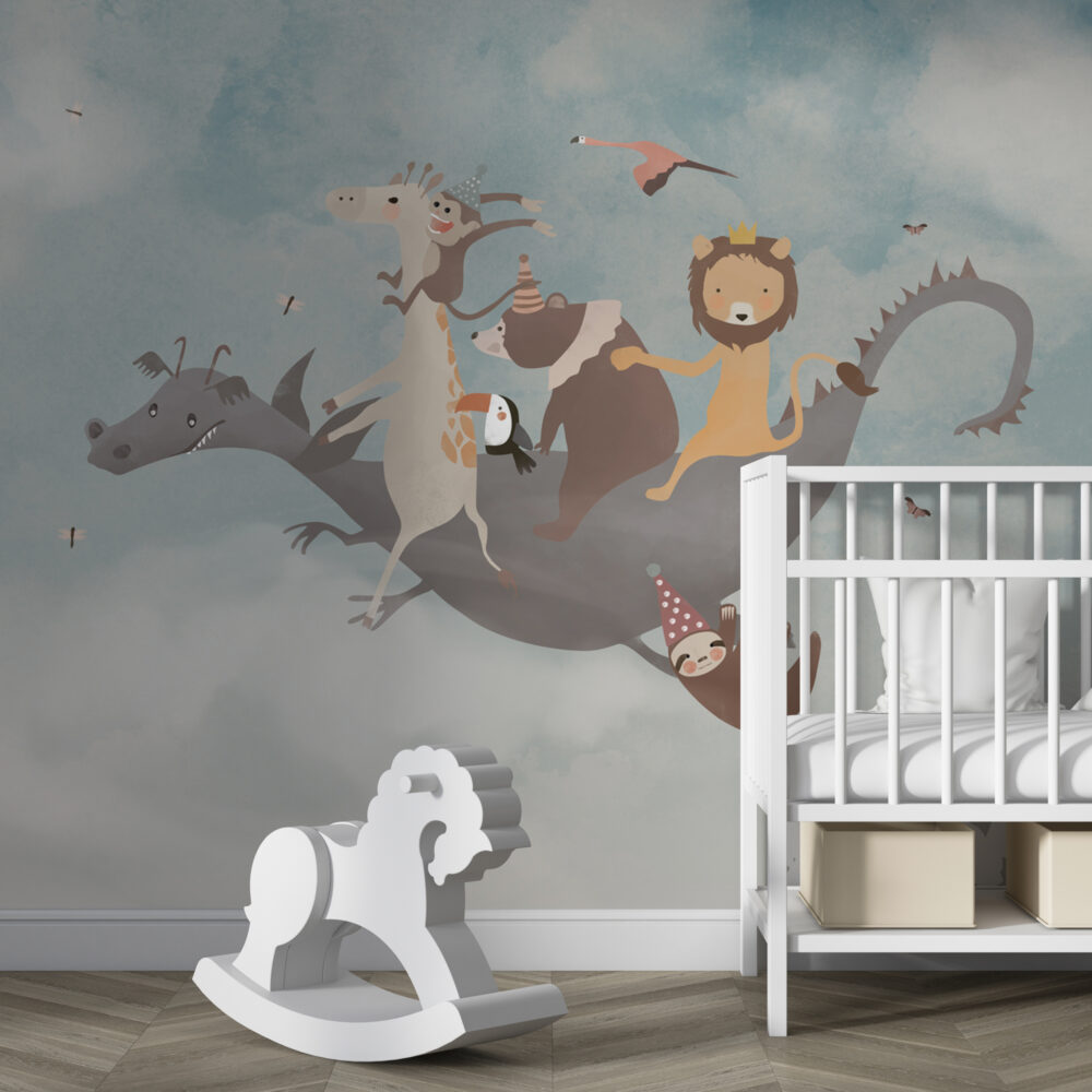 Dragon Ride Animals Wallpaper : Storybook Kids Mural - View 4