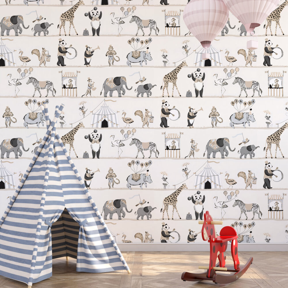 Parade Animals Wallpaper : Beige Circus Shelves Kids Mural - View 4