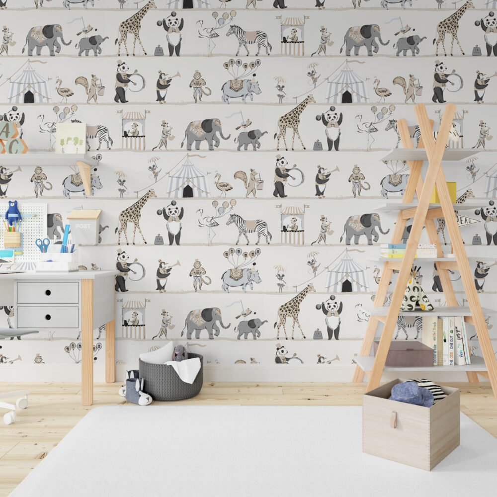 Parade Animals Wallpaper : Beige Circus Shelves Kids Mural - View 6