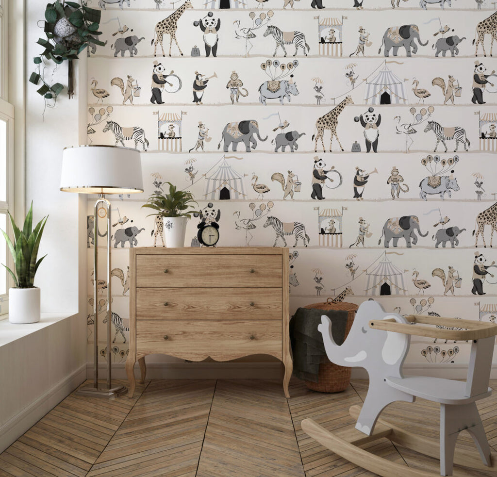 Parade Animals Wallpaper : Beige Circus Shelves Kids Mural - View 3