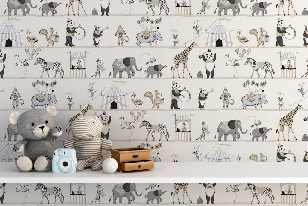 Parade Animals Wallpaper : Beige Circus Shelves Kids Mural