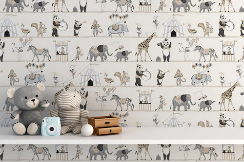 Parade Animals Wallpaper : Beige Circus Shelves Kids Mural