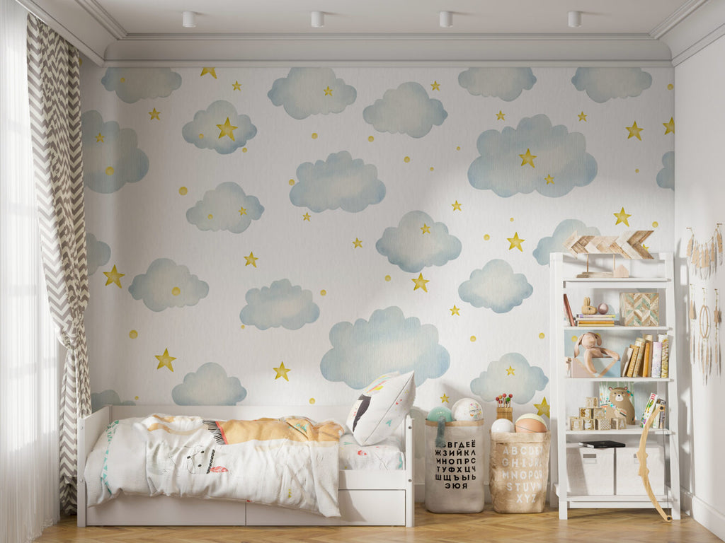 Clouds And Stars Wallpaper : Blue Watercolor Nursery Mural