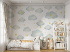 Clouds And Stars Wallpaper : Blue Watercolor Nursery Mural