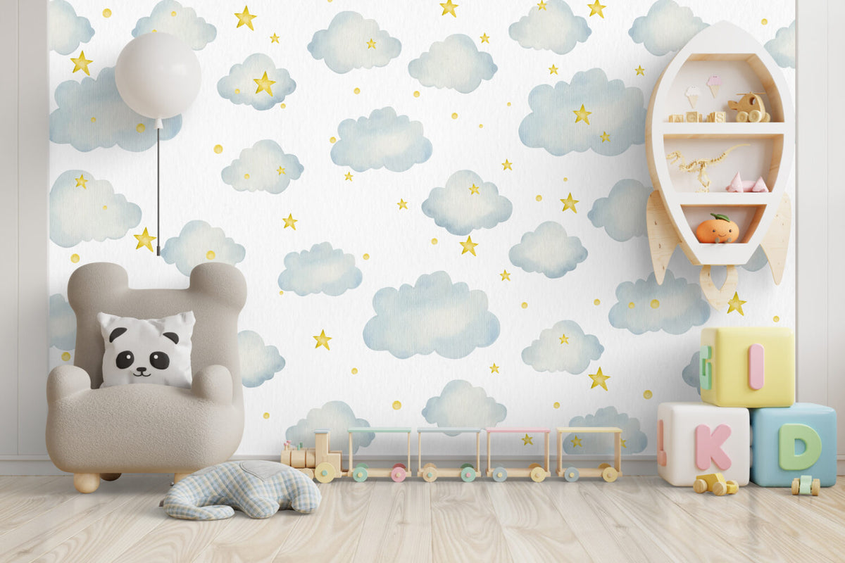 Clouds And Stars Wallpaper : Blue Watercolor Nursery Mural - View 6