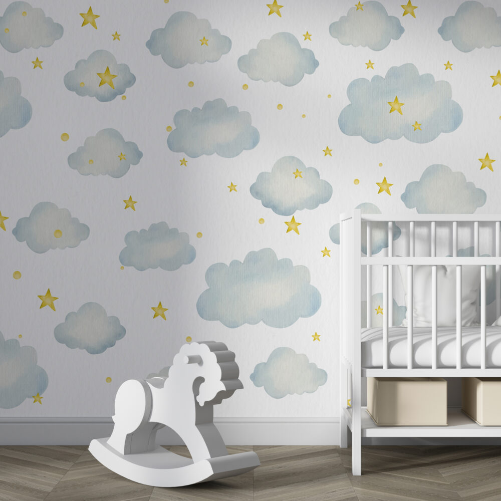 Clouds And Stars Wallpaper : Blue Watercolor Nursery Mural - View 3