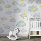 Clouds And Stars Wallpaper : Blue Watercolor Nursery Mural - View 3