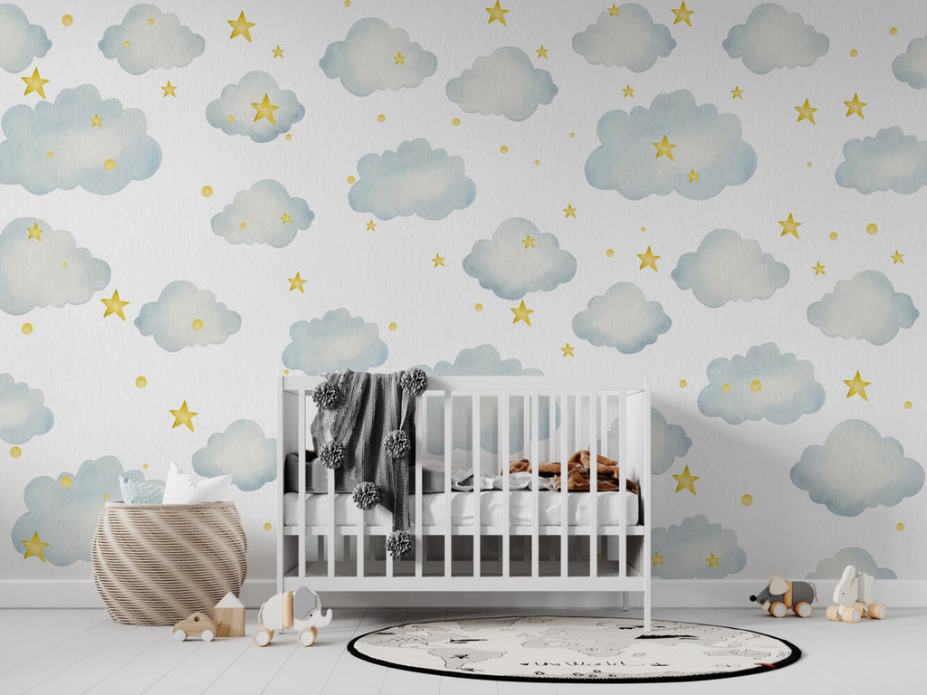 Clouds And Stars Wallpaper : Blue Watercolor Nursery Mural - View 4