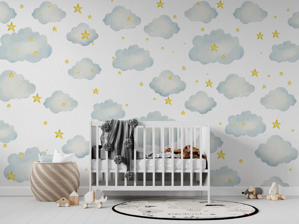 Clouds And Stars Wallpaper : Blue Watercolor Nursery Mural - View 4