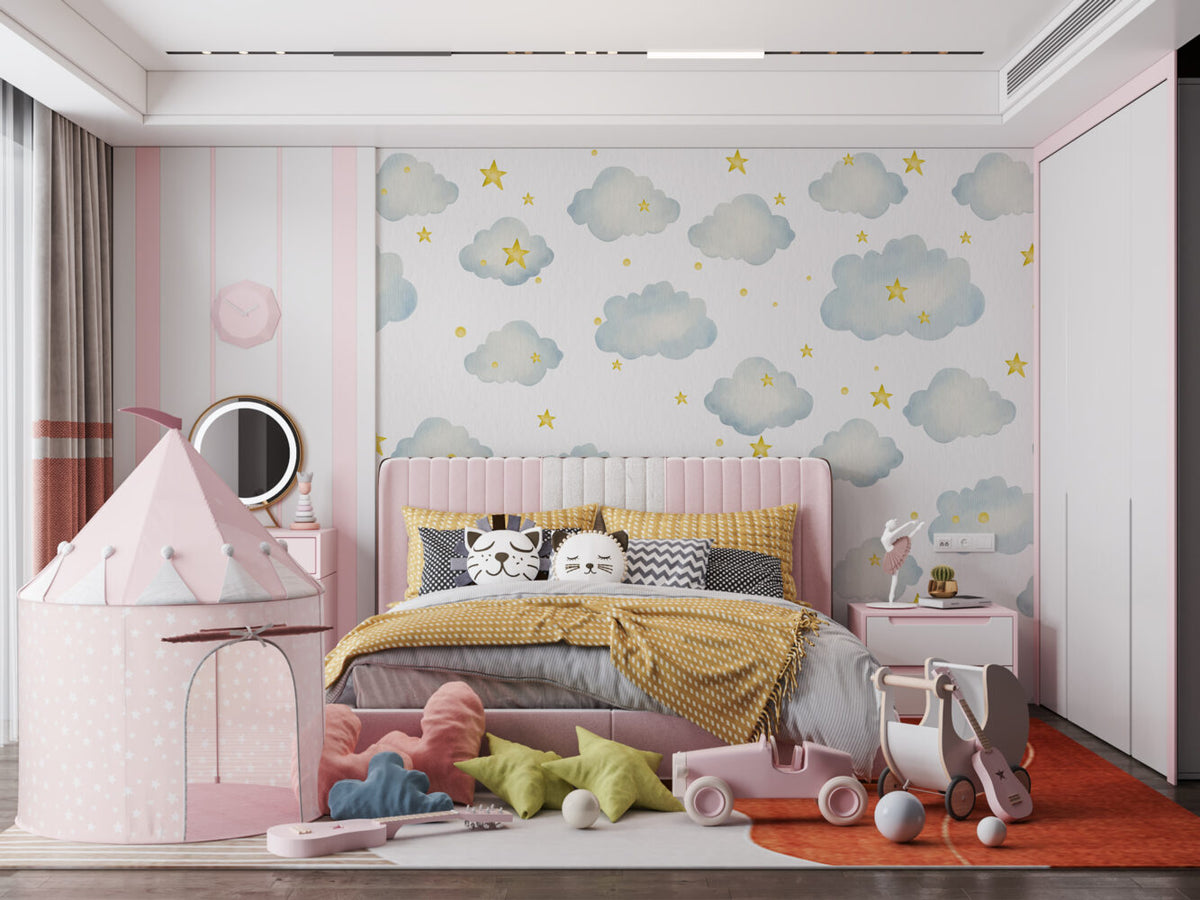 Clouds And Stars Wallpaper : Blue Watercolor Nursery Mural - View 5